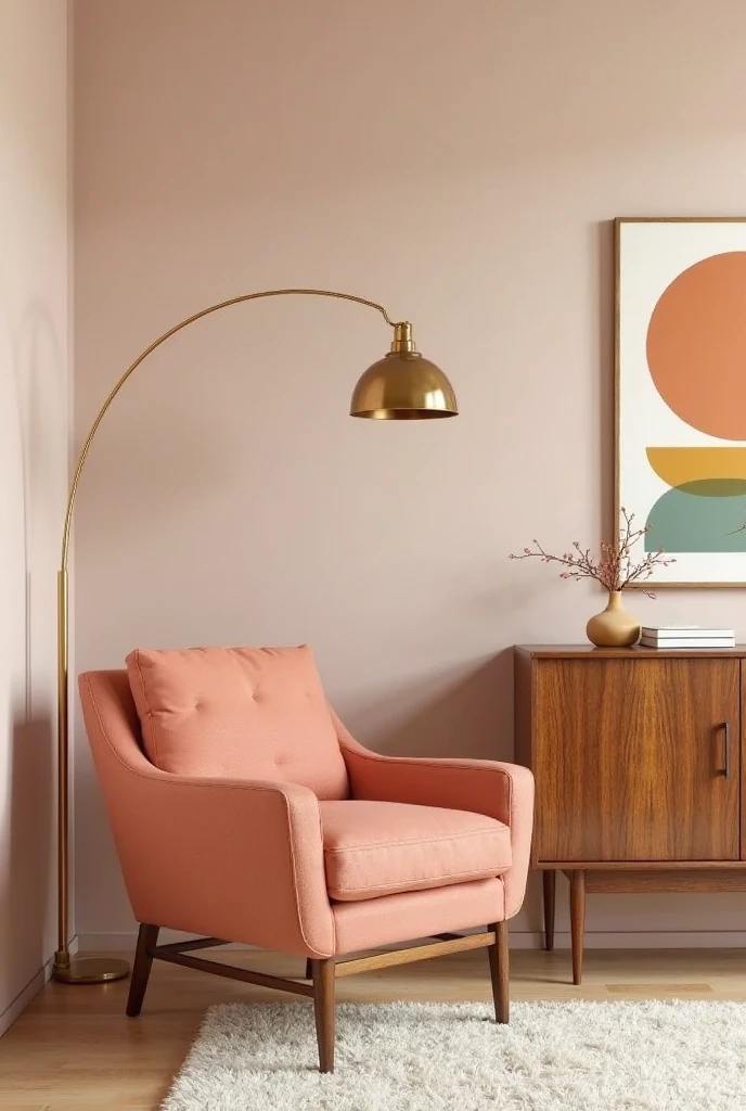 midcentury peach lounge, viewed from a low, angled perspective near the corner to highlight the seating and surrounding furnishings. The focal point is a peach upholstered armchair with clean lines, a low profile, and sleek tapered wooden legs in warm walnut finish. Next to the chair stands a walnut sideboard with smooth surfaces and minimalist brass handles.

Above the sideboard hangs geometric wall art featuring coordinating warm tones of peach, mustard, and mint in bold shapes. A brass arc floor lamp with a curved arm and dome shade arches gracefully over the armchair, casting soft warm light. The floor is light wood with a textured ivory area rug beneath the seating area, adding softness and contrast. The room’s palette combines warm wood tones, soft peach upholstery, and subtle pops of mustard and mint, creating a timeless yet trendy space that celebrates midcentury style with contemporary refinement.