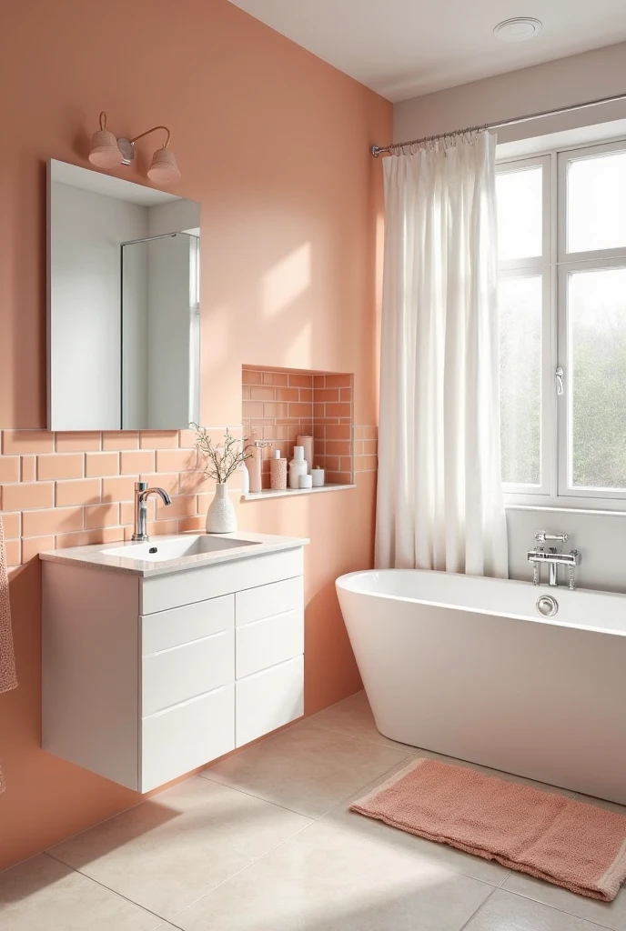 peach and white bathroom, viewed from a slightly elevated diagonal angle that captures the vanity, shower area, and floor. The walls feature smooth warm peach paint, with a section of peach-toned subway tiles forming a backsplash behind the white floating vanity. The vanity has clean-lined white cabinetry topped with a polished white quartz countertop, housing a rectangular undermount sink with sleek chrome fixtures.

A frameless glass shower niche lined with matching peach tiles holds neatly arranged white and peach bath products. To the right, a white waffle-textured shower curtain hangs gently, partially obscuring the shower space. Soft peach towels are folded on a nearby chrome towel rack, and a plush peach bath mat lies on the pale stone tile floor. Natural light filters through a frosted window, enhancing the fresh and serene atmosphere. The space balances warmth and cleanliness with a soothing, inviting palette.