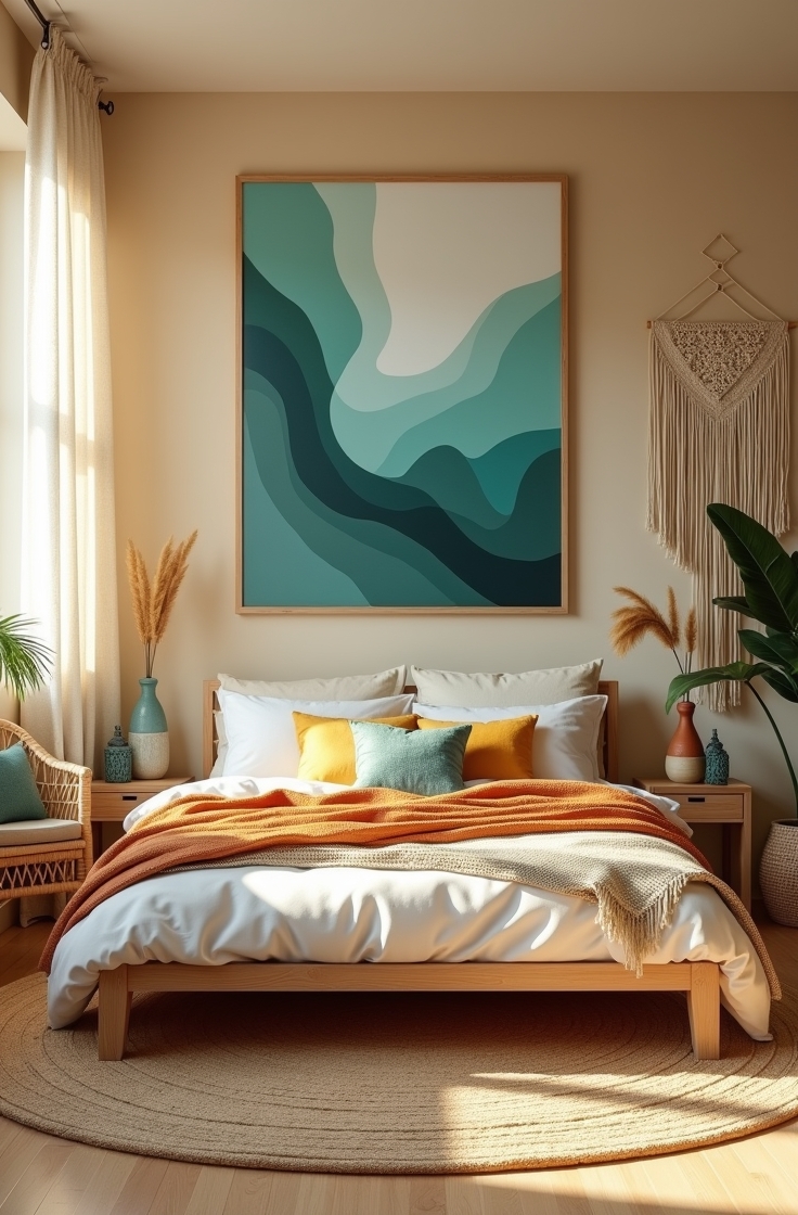 bohemian bedroom featuring a large teal abstract print hanging on a warm beige wall. The print displays flowing organic shapes in multiple teal shades, framed in light natural wood with a slim profile. Below, a low wooden bed frame with visible natural grain supports creamy white bedding layered with textured woven blankets and cushions in warm earth tones like terracotta, mustard, and muted teal.

On each side of the bed, rustic wooden nightstands hold small ceramic vases with dried pampas grass and fresh green leaves. A large woven jute rug with subtle geometric patterns covers light hardwood floors, adding softness and warmth. Macramé wall hangings with cream and teal fringe decorate adjacent walls, reinforcing the boho vibe.

Sunlight filters through light beige linen curtains, softly illuminating the room. A rattan armchair with a teal cushion rests in one corner beside a large fiddle leaf fig planted in a woven basket. Natural materials such as wicker, wood, ceramics, and textiles blend harmoniously with the teal artwork to create a cozy, earthy, artistic bohemian retreat.
