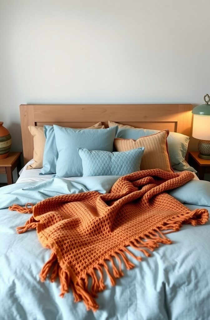 Mediterranean bedroom featuring a neatly made bed layered with throws and cushions in varying shades of sky blue and terracotta, using natural materials like linen, wool, and cotton for rich texture and tactile appeal, soft sky blue bedding as the base, terracotta-toned knitted throw draped casually across the foot of the bed, light oak headboard, white plaster walls, warm ambient lighting from ceramic bedside lamps, and a serene, earthy atmosphere that feels organic and inviting.
