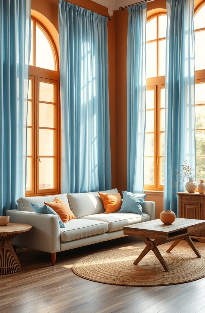 interior with earthy terracotta-painted walls and a textured terracotta brick feature wall, tall arched windows framed by flowing sky blue curtains in soft linen, warm sunlight streaming through the fabric, natural oak flooring, a low-profile cream sofa with terracotta and sky blue cushions, a woven jute rug, ceramic vases in muted tones on a wooden console table, and a calm, balanced Mediterranean atmosphere filled with warmth and light.
