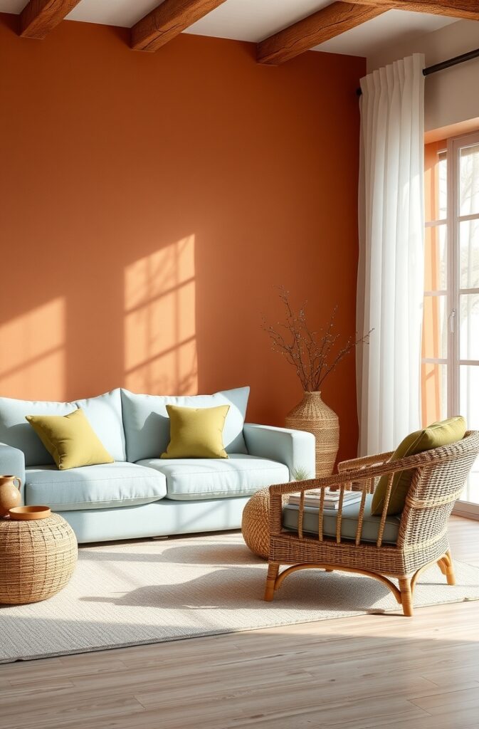 Mediterranean living room with a sky blue linen sofa featuring soft, textured fabric, a rich terracotta accent wall creating warmth and contrast, natural rattan armchairs and woven decor elements, olive green throw pillows and ceramic vases, light wooden flooring, soft sunlight filtering through sheer curtains, and a relaxed, airy ambiance with earthy elegance.
