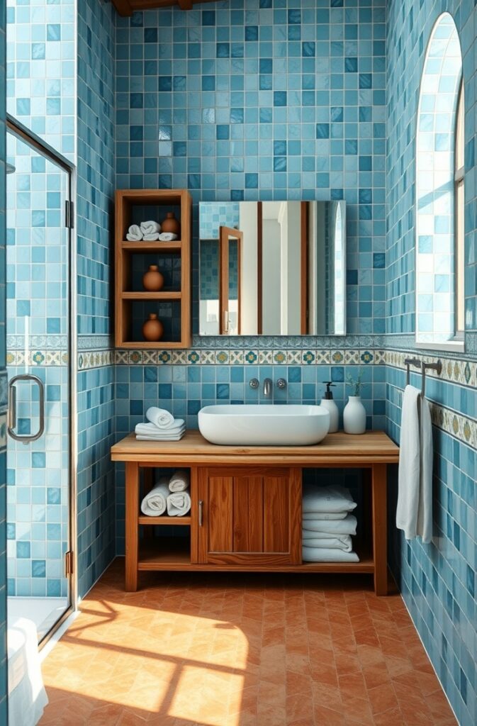 Mediterranean bathroom featuring glossy sky blue zellige tiles covering the shower walls and backsplash, a textured terracotta brick feature wall adding warmth and contrast, terracotta floor tiles with natural variation, open wooden shelving holding rolled linen towels and clay jars, large terracotta pots with green plants, a white stone sink atop a rustic wood vanity, brass fixtures, and soft natural light filtering through a small arched window, creating a serene, spa-like retreat.

