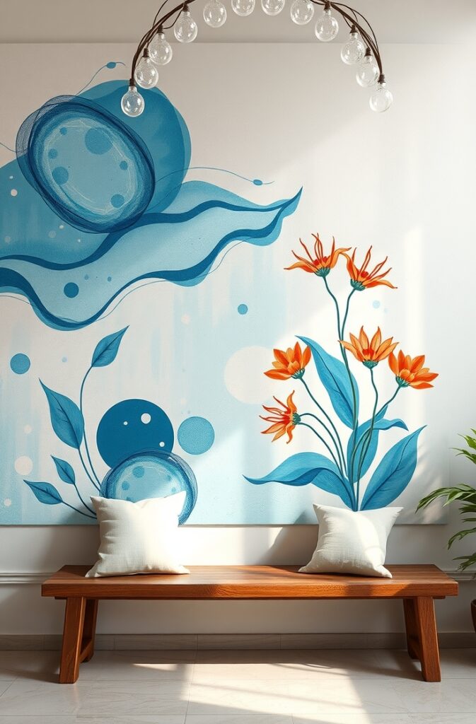 Mediterranean interior wall featuring a large hand-painted mural with abstract and floral motifs in sky blue and terracotta tones, organic shapes and flowing linework inspired by ancient Greek and Moorish patterns, textured plaster surface with subtle brush strokes, set against a soft neutral background, rustic wooden bench with linen cushions beneath the mural, and soft natural light enhancing the artisanal, historic charm of the space.