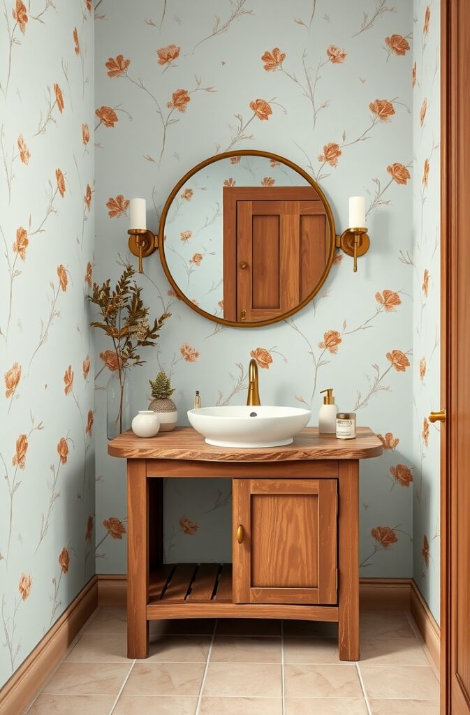 Mediterranean-inspired powder room featuring wallpaper with a soft sky blue base and subtle terracotta floral patterns with fine linework and delicate spacing, creating a gentle, balanced contrast of color, white ceramic sink set into a rustic wooden vanity with brushed brass fixtures, round antique mirror with a thin gold frame, light terracotta tile flooring, minimalist ceramic accessories in soft neutral tones, and an elegant, airy atmosphere with refined artisanal charm.