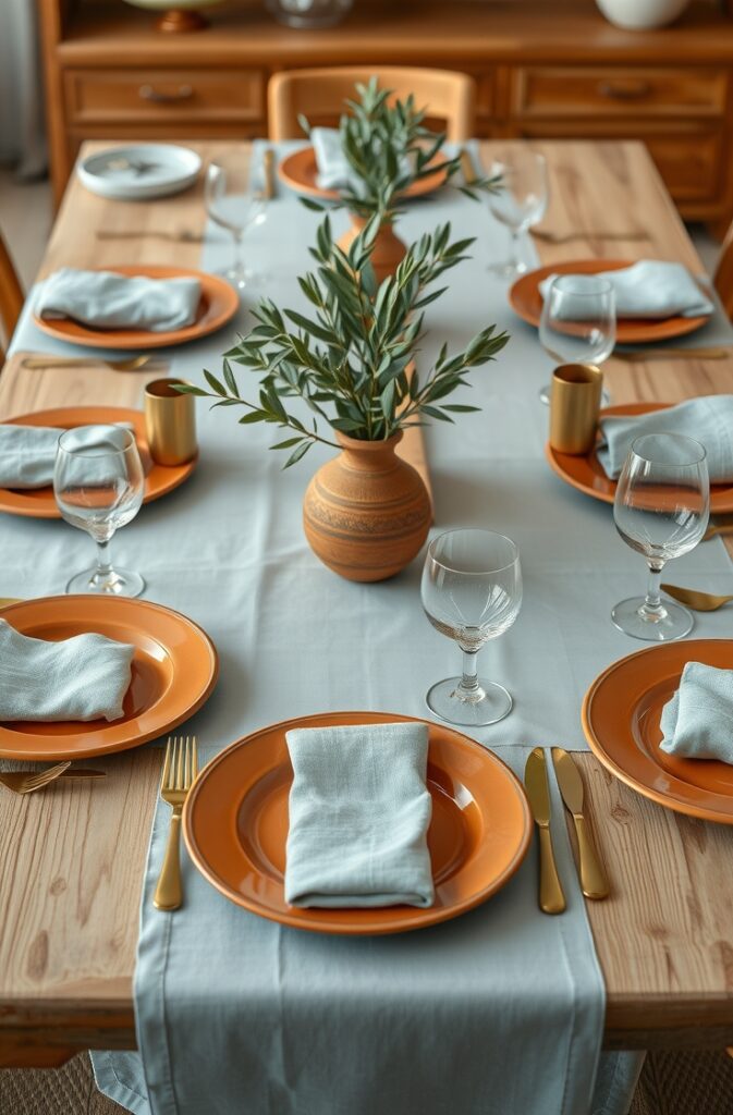 Mediterranean dining table setting featuring soft sky blue linen tablecloth and napkins, terracotta ceramic plates with subtle handcrafted texture, gold cutlery arranged precisely, clear glassware with fine detailing, a rustic clay vase at the center holding fresh olive branches, natural wooden table surface, warm ambient lighting, and an effortlessly elegant atmosphere perfect for a refined dinner gathering.