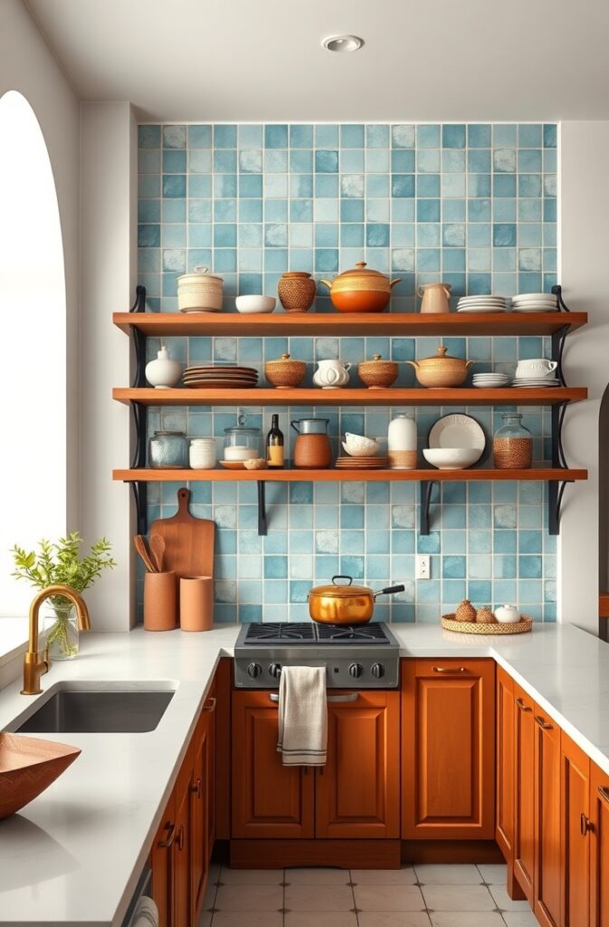 kitchen featuring terracotta-toned open wooden shelving with a natural matte finish, neatly arranged with ceramic dishes and glass jars, a glossy sky blue tile backsplash with subtle reflections adding depth, white plaster walls, light stone countertops, brass fixtures, woven baskets for storage, soft natural light from a nearby window, and a warm, airy atmosphere that balances function with refined visual appeal.
