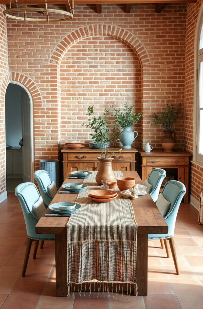 Mediterranean dining area featuring an exposed terracotta brick feature wall with rich texture and natural color variation, sky blue dining chairs with linen upholstery around a solid rustic wooden dining table, matching sky blue pendant light fixtures with ceramic finishes, a long woven runner on the table with terracotta and cream-toned ceramic dishes, a vintage sideboard in distressed wood with brass handles, tall olive branches in clay vases, arched doorway with white trim, terracotta tile flooring, and soft natural light illuminating the space with a warm, villa-like atmosphere.
