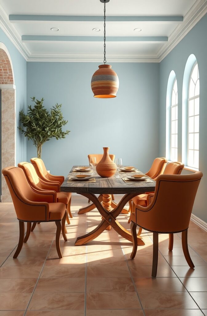 Mediterranean dining room with soft sky blue painted walls, terracotta upholstered dining chairs with curved wooden legs arranged around a rustic wooden dining table, clay pendant lights with handcrafted texture hanging above the table, ceramic vases and tableware in natural earthy tones, light terracotta tile flooring, white ceiling with exposed wood beams, potted olive tree in the corner, and sunlight streaming through large arched windows creating a warm, inviting atmosphere.
