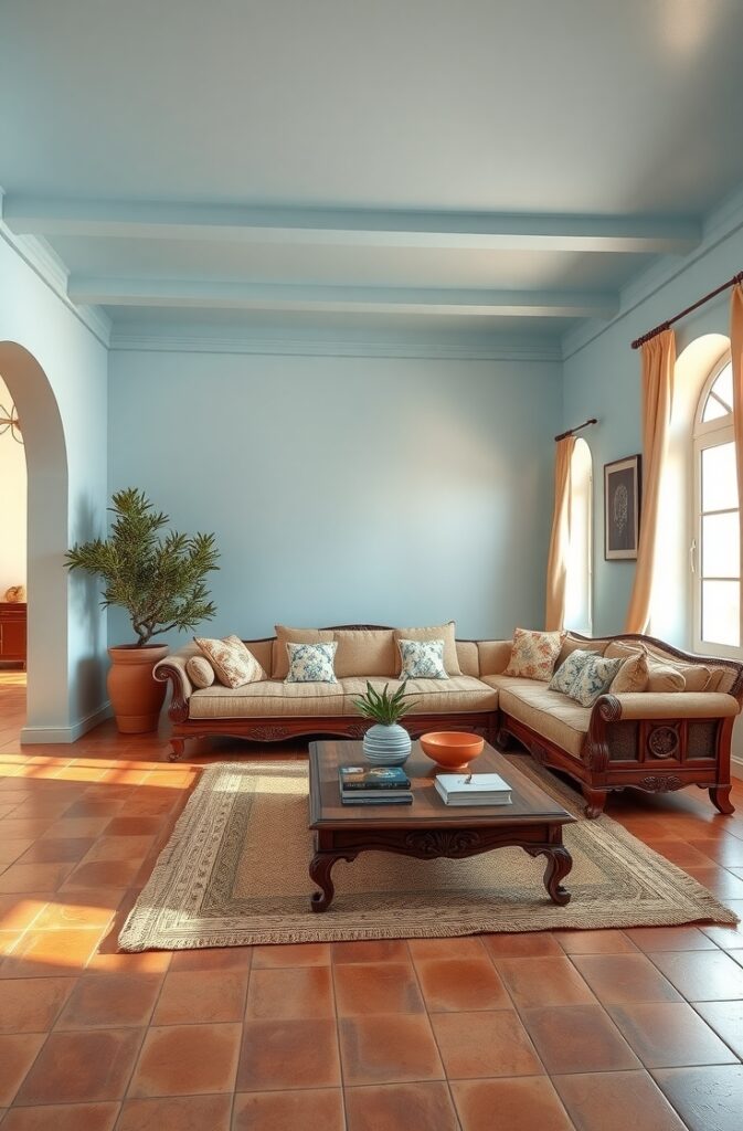 living room featuring a light sky blue painted ceiling that creates an open, airy feeling, warm terracotta tiled flooring with natural texture and color variation, richly upholstered sofa in classic shape with carved wooden frame and patterned cushions in shades of cream, terracotta, and sky blue, a large wooden coffee table with decorative ceramic bowls and books, woven rug, potted olive tree in a terracotta planter in the corner, arched windows with flowing curtains, and an inviting, grounded atmosphere filled with warmth and traditional charm.