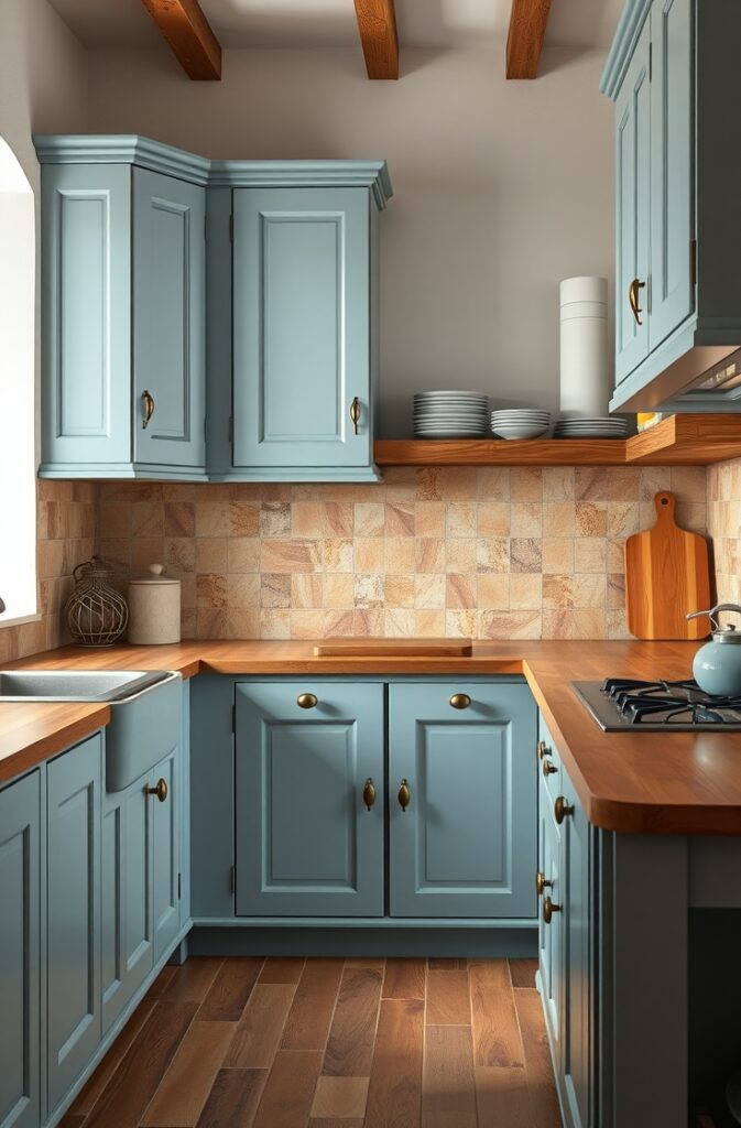 rustic kitchen with muted sky blue cabinetry, natural terracotta tile backsplash, warm wooden countertops with visible grain, aged brass handles on cabinet doors, soft natural light from a nearby window, white plaster walls, ceramic jars and cutting boards on the counters, open wooden shelves with neatly arranged dishes, and a countryside-chic atmosphere filled with warmth and charm.
