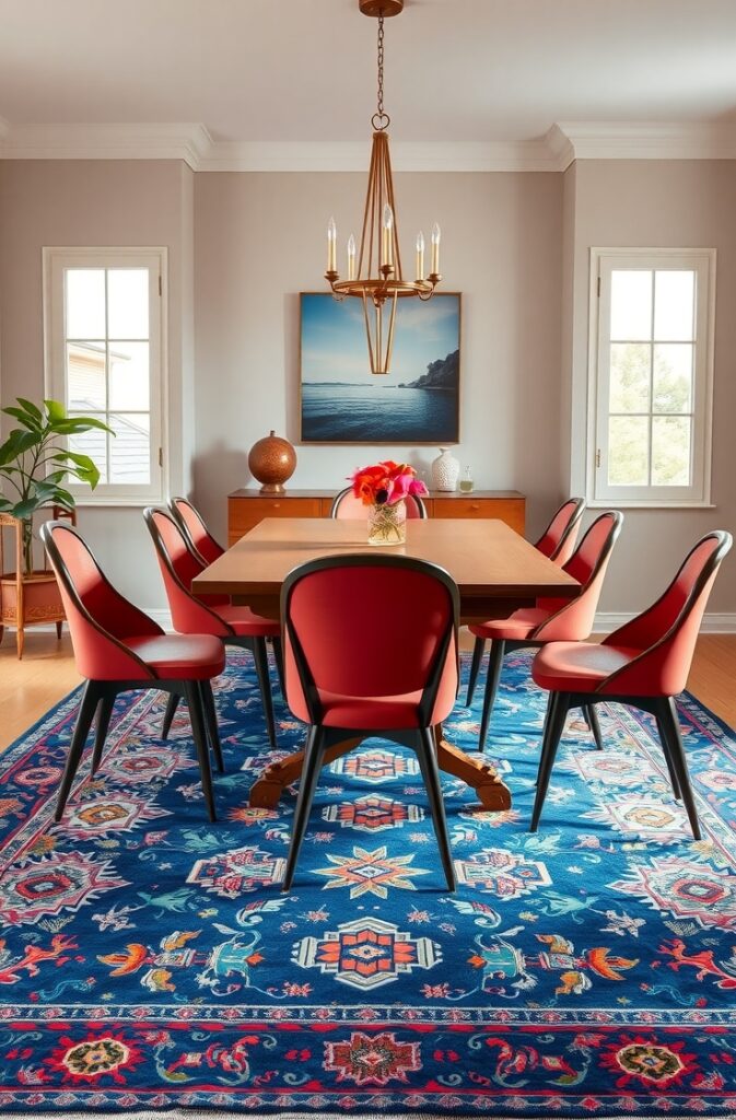 bold, inviting dining room featuring vintage-style coral dining chairs arranged around a wooden dining table; beneath the table lies a richly patterned denim blue kilim rug with intricate detailing; the room is softly lit with natural light highlighting the vibrant colors and textures; walls are neutral to emphasize the contrast between the coral chairs and the blue rug; the space feels warm, retro, and refined.
