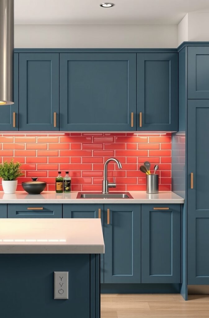 modern kitchen featuring denim blue cabinets with a matte finish, topped by a glossy coral tile backsplash with clean grout lines; sleek countertops in a light neutral tone; under-cabinet lighting enhances the vibrant coral tiles; stainless steel fixtures and kitchen decor complete the stylish, contemporary atmosphere.