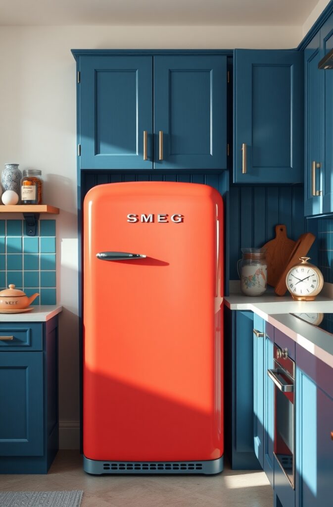 retro-style kitchen featuring a coral SMEG refrigerator with smooth rounded edges and chrome handles; the refrigerator stands out vividly against denim blue cabinets with matte finish; natural light softly illuminates the space, highlighting the contrast between the vibrant coral appliance and deep blue surroundings; the kitchen has a clean, nostalgic mid-century modern design with polished countertops and minimalist decor.
