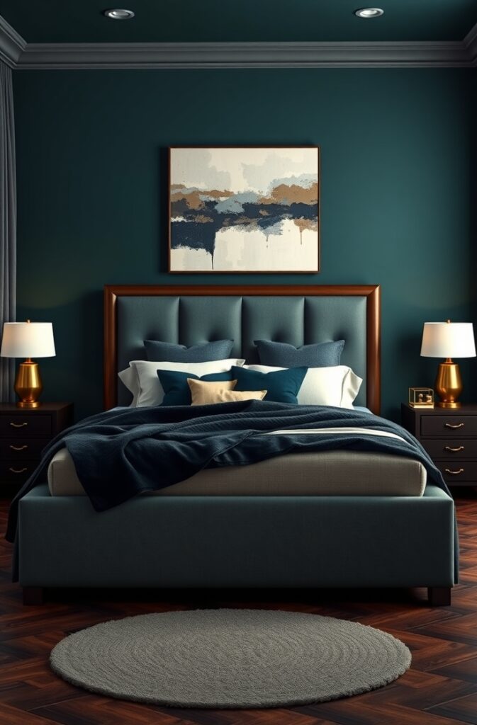 a luxurious bedroom with deep, moody teal walls that envelop the space in a rich ambiance. The paint has a matte finish, absorbing light and creating a soft, intimate atmosphere. A large upholstered bed with a tall, dark walnut wood headboard stands against the main wall. The bed is layered with textured bedding in tones of charcoal, ivory, and muted teal, including a velvet throw blanket, crisp cotton sheets, and multiple pillows in various sizes and fabrics. On either side of the bed are matching dark wood nightstands with brass drawer pulls. Each nightstand holds a small brass lamp with a white linen shade, casting a warm, golden glow. Above the bed, a large abstract painting in muted neutrals adds sophistication. A soft wool area rug in a dark cream tone covers the hardwood floor beneath the bed. Heavy curtains in dark charcoal linen frame a single window, barely open to let in a sliver of soft daylight. The entire scene feels moody, refined, and deeply restful.