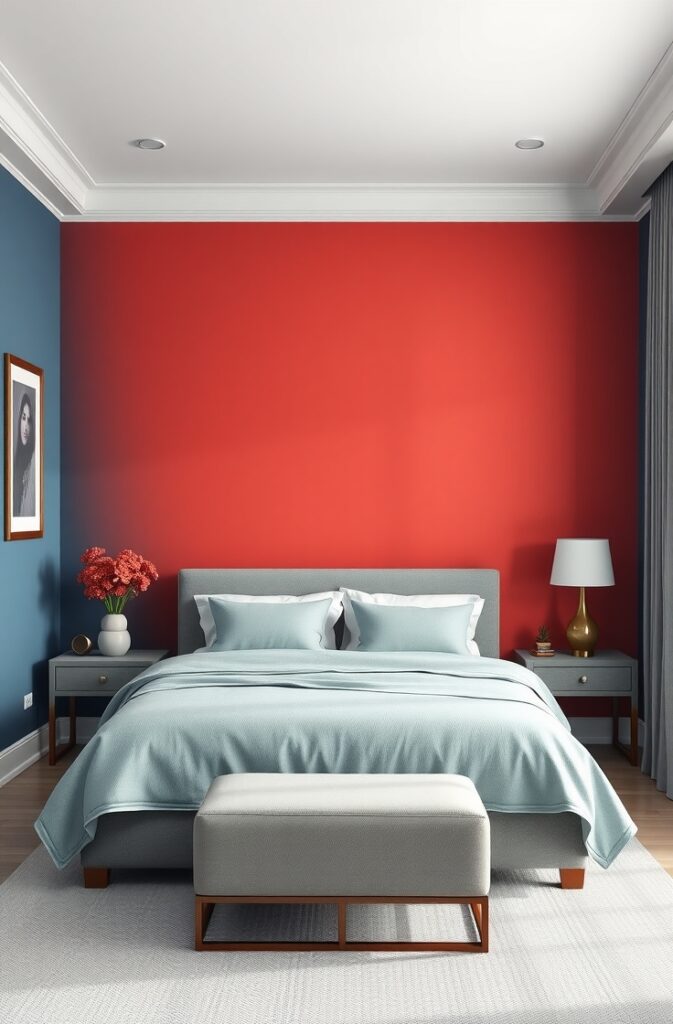  serene bedroom with denim blue walls and one striking coral accent wall; the coral wall adds a vibrant contrast while maintaining a calm, balanced atmosphere; the room features simple, modern furnishings in muted tones; soft lighting enhances the texture of the painted surfaces and the overall peaceful ambiance.
