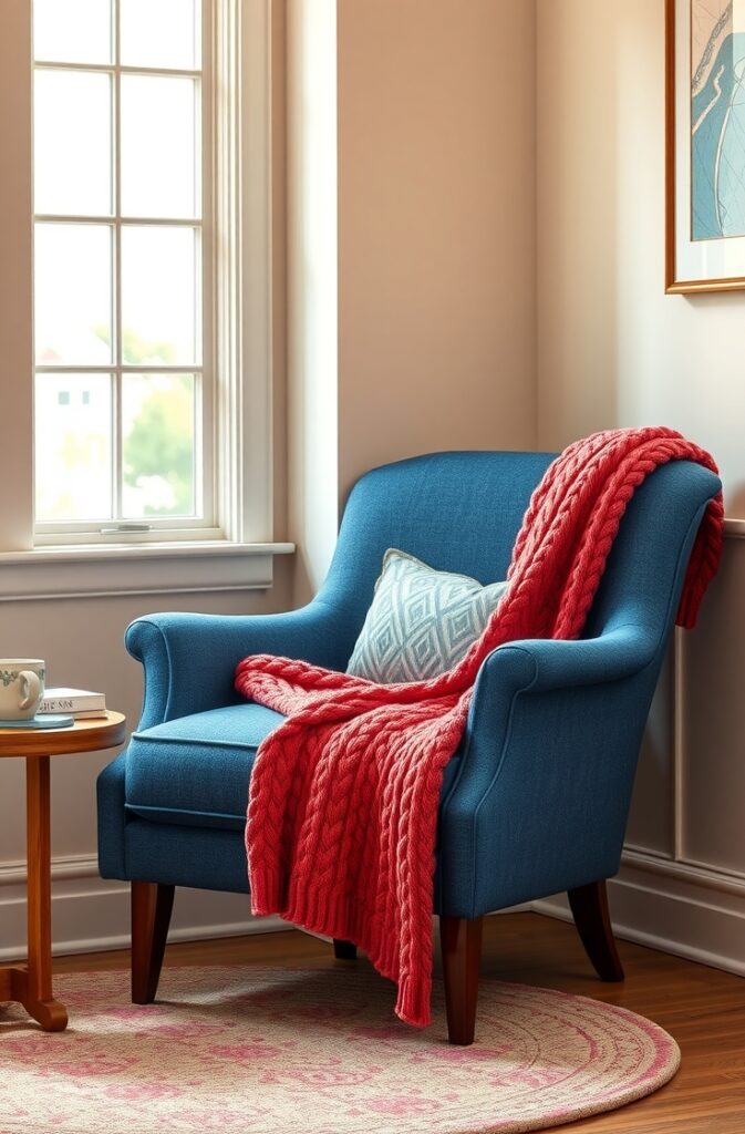 cozy reading nook featuring a traditional-style accent chair upholstered in rich denim blue fabric with elegant curves and wooden legs; draped over the chair is a chunky coral knit throw with thick textured stitches; the nook is set against soft neutral walls with warm natural light filtering through nearby windows; a small wooden side table holds a stack of books and a ceramic mug, creating an inviting, vibrant, and comfortable atmosphere.
