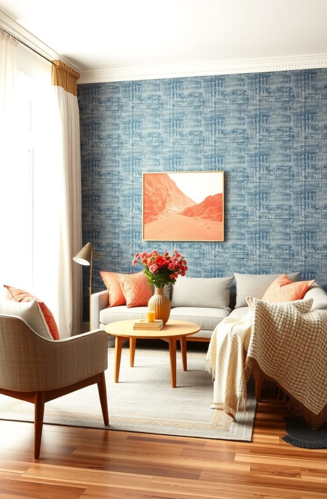 cozy living room featuring walls covered in textured denim blue grasscloth wallpaper with natural woven fibers; the space is accented with coral-colored accessories including decorative pillows, vases, and a soft throw blanket; warm natural light filters through sheer curtains, enhancing the rich textures and vibrant colors; the room includes mid-century modern furniture in neutral tones and wooden flooring, creating a warm, cheerful, and inviting atmosphere.

