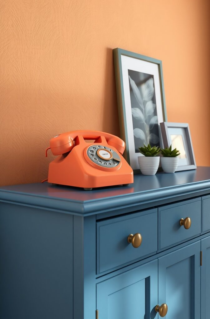 retro-themed corner featuring a vintage coral rotary phone with glossy finish and classic dial, placed atop a denim blue console table with matte paint and clean lines; the table rests against a neutral wall with subtle texture; soft natural light highlights the contrasting colors and nostalgic details; minimal decorative items like a small plant and framed photo complete the stylish, playful throwback scene.
