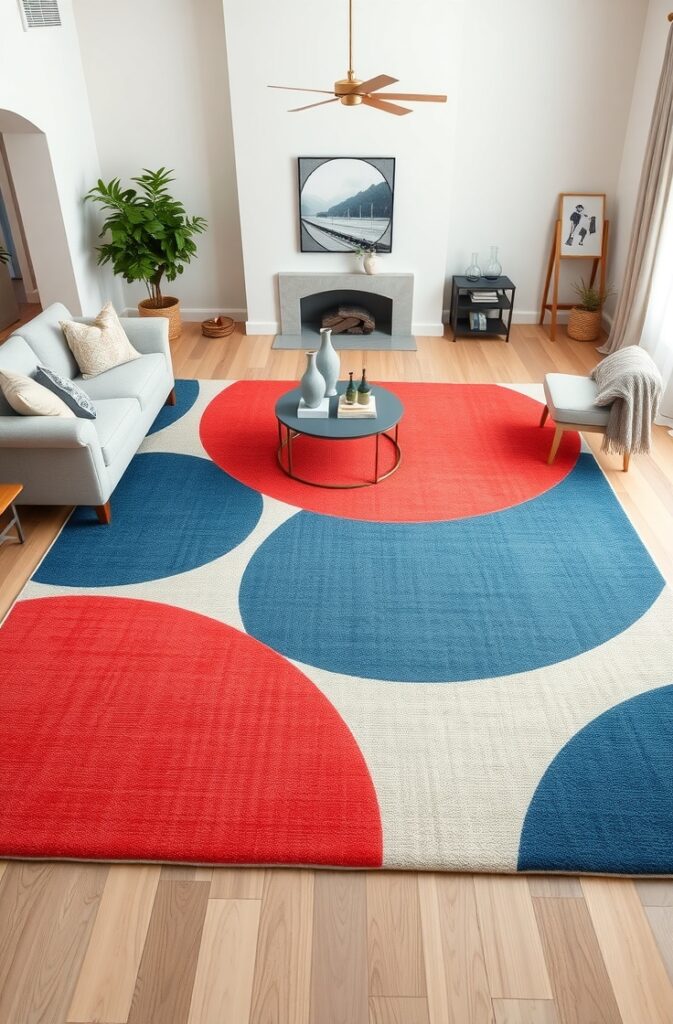 spacious living room featuring a large geometric area rug with bold coral and denim blue shapes arranged in a modern pattern; the rug’s textured fibers add depth and warmth to light hardwood floors; surrounding furniture in neutral tones complements the vibrant colors; soft natural light enhances the rug’s vivid hues and clean lines, grounding the space with a striking, cohesive look.