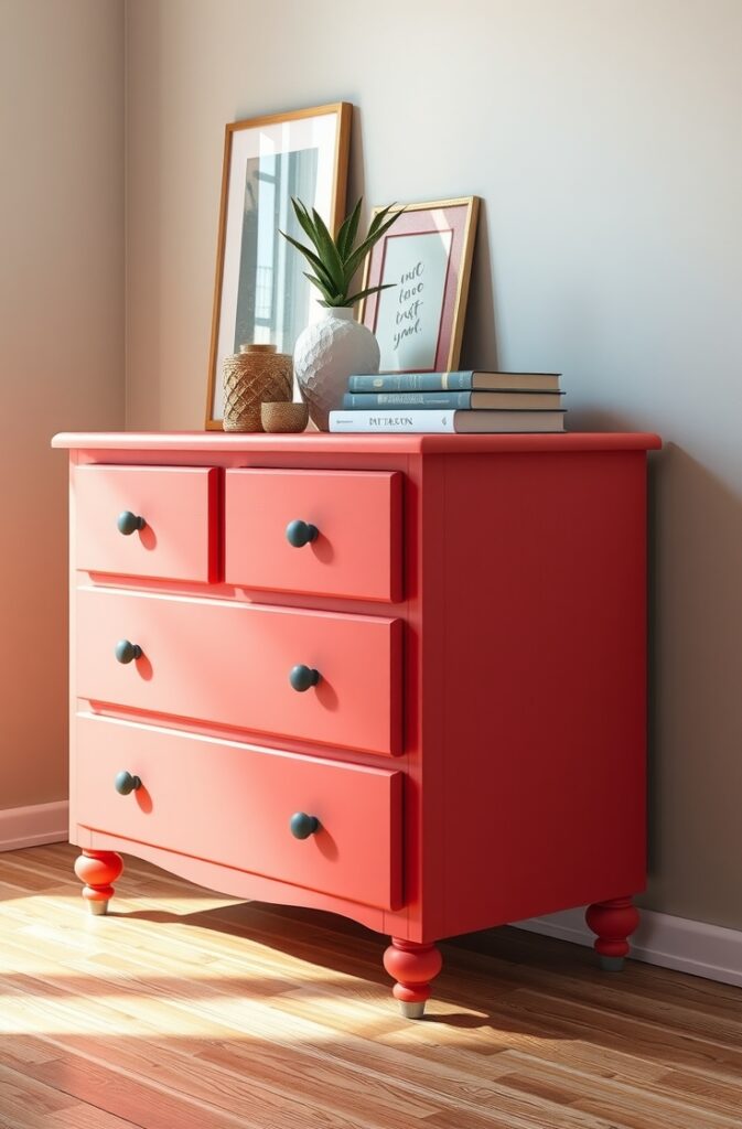 upcycled vintage dresser painted in vibrant coral with a smooth matte finish; each drawer is fitted with round denim blue ceramic knobs that add a handcrafted, custom look; the dresser stands against a neutral wall on a wooden floor, with decor including a small plant, a framed print, and a stack of books; soft natural light highlights the rich colors and textures, creating a charming and personalized DIY aesthetic.