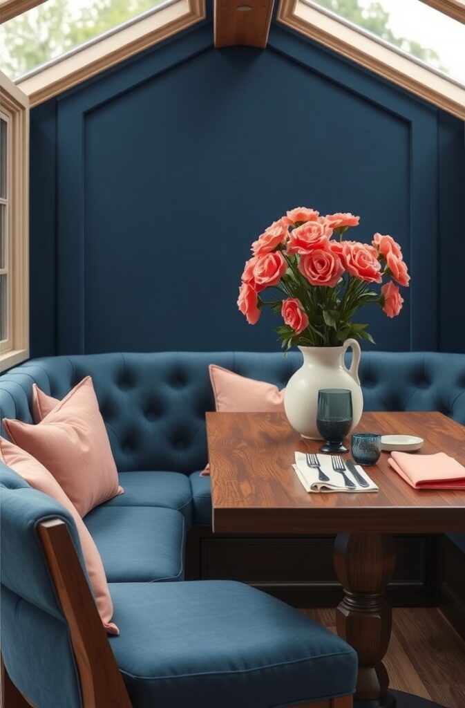 cozy dining nook featuring a built-in banquette upholstered in rich denim blue fabric with tufted seating and plush cushions; in front of the banquette sits a wooden dining table elegantly styled with coral-colored floral arrangements in ceramic vases and soft coral linen napkins; the space is framed by large windows allowing natural light to flood in, highlighting the textures and vibrant contrast, creating a warm, inviting, and stylish atmosphere.
