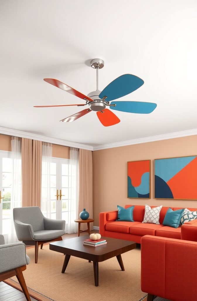 retro mid-century modern living room featuring a unique ceiling fan with alternating denim blue and coral blades, mounted on a white ceiling; the room includes a low-profile walnut coffee table, tapered-leg armchairs upholstered in textured fabric, and a vintage coral sofa; walls are painted in a warm neutral tone with geometric artwork in coral and blue tones; natural light streams through large windows with sheer curtains, highlighting the fan’s playful contrast and the room’s classic mid-century design elements.
