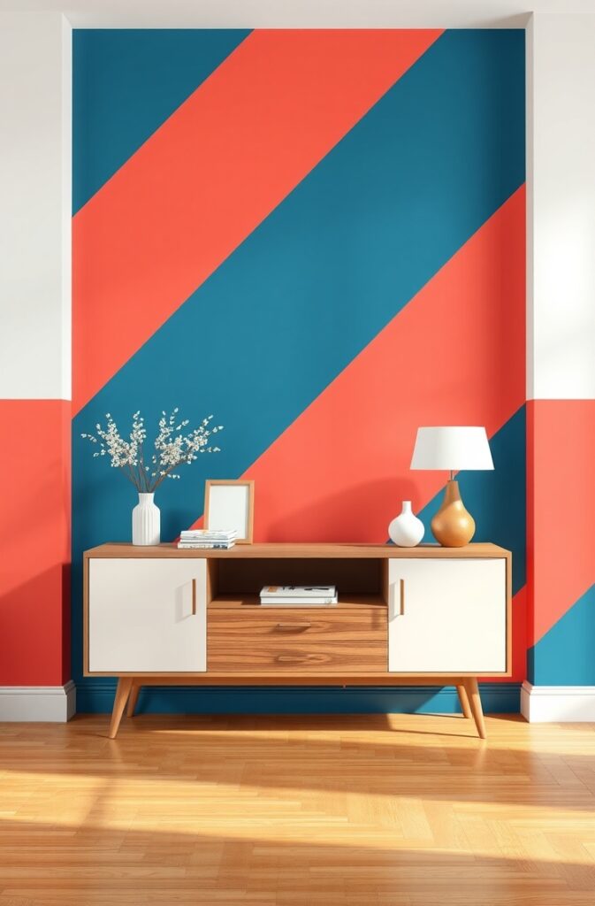 retro-inspired interior featuring a bold accent wall with alternating vertical stripes of vibrant coral and rich denim blue, each stripe evenly spaced and crisply painted; the color-blocked wall serves as a striking backdrop to a mid-century modern console table with tapered legs and minimalist decor; warm wooden flooring and soft natural light enhance the vivid contrast and geometric pattern, creating a stylish and energetic atmosphere.
