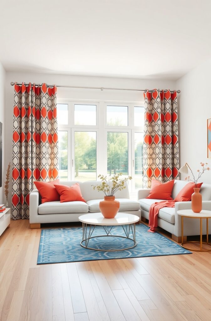 bright, white living room with smooth walls and light hardwood floors, featuring large windows dressed in full-length curtains with a bold coral and denim blue geometric print; the space includes complementary coral and blue accents such as coral throw pillows on a neutral sofa, a denim blue area rug with subtle patterns, and coral ceramic vase with delicate flowers on a sleek white side table; soft natural light illuminates the vibrant colors, creating a harmonious, balanced, and inviting atmosphere.