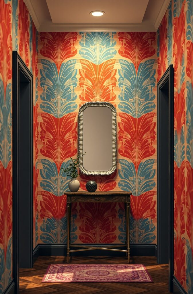 vintage-inspired entryway featuring Art Deco-style wallpaper with bold geometric patterns in coral and blue; the wallpaper has a rich, textured finish with metallic accents; the space includes a narrow console table with a decorative mirror above it, soft ambient lighting casting subtle shadows that highlight the intricate design; the overall atmosphere is elegant, nostalgic, and visually striking.
