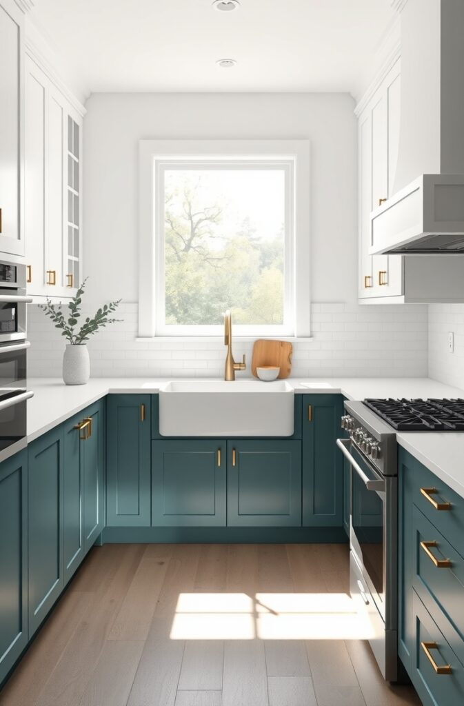 modern kitchen interior. The lower kitchen cabinets are painted a rich matte teal, with clean lines and a smooth finish. Each cabinet is fitted with sleek, brushed gold bar handles that reflect soft natural light, adding warmth and elegance. The upper cabinets are a crisp, pure white with a flat panel design, creating a bright and airy contrast above the teal base. The countertops are made of polished white quartz with faint grey veining, appearing smooth and glossy. A white ceramic subway tile backsplash runs from the countertops to the base of the upper cabinets, with fine grout lines for a clean look. Stainless steel appliances are integrated into the design, including a built-in oven and modern stovetop. Under-cabinet lighting casts a soft glow onto the counters. A large farmhouse sink in white porcelain sits under a wide window framed in white, with sunlight pouring through and illuminating the entire scene. A small vase with eucalyptus branches sits on the counter beside a wooden cutting board and a gold-rimmed ceramic bowl. The overall atmosphere is refined, fresh, and welcoming.
