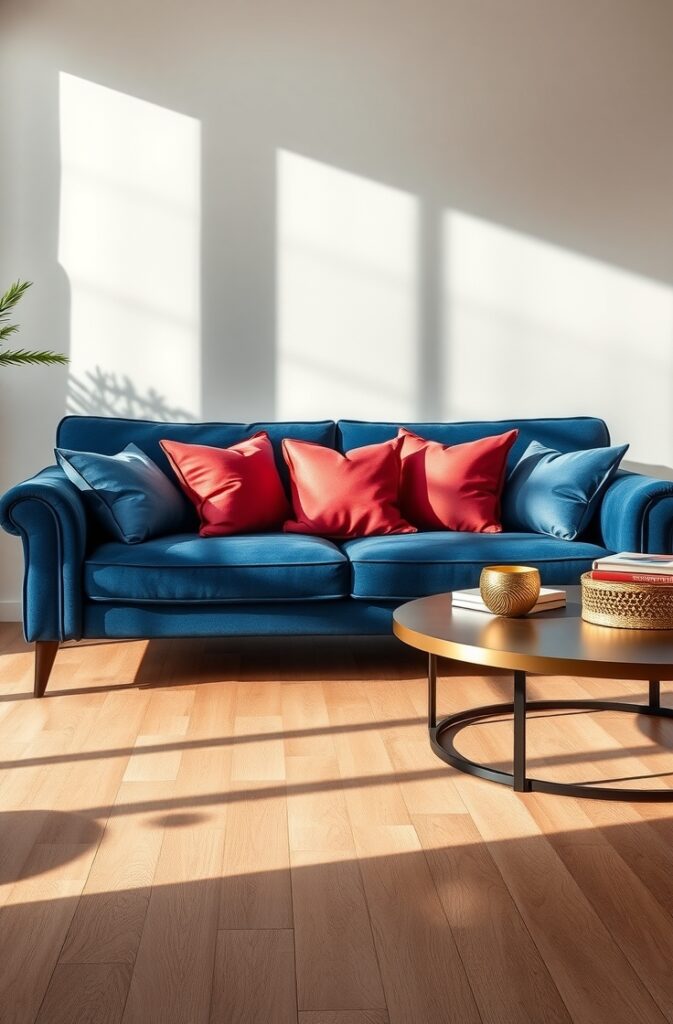stylish living room featuring a velvet denim blue sofa as the central focal point, decorated with neatly arranged coral-colored silk and cotton throw pillows; soft natural lighting enhances the rich textures and deep colors; the setting is elegant and modern with a clean, sophisticated atmosphere; smooth wooden floor and minimalistic background accentuate the luxurious furniture.
