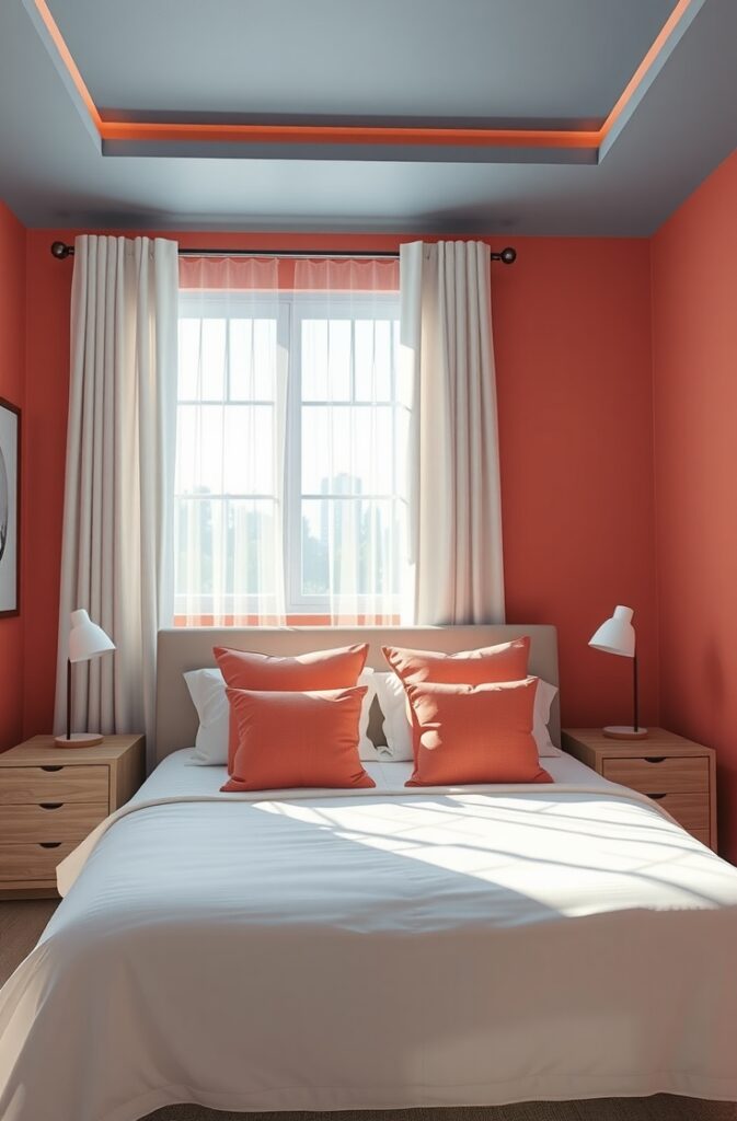 cozy bedroom featuring soft coral-colored walls contrasted by a smooth denim blue ceiling; natural light streams through sheer curtains, illuminating a neatly made bed with white linens and coral accent pillows; minimalist wooden nightstands with simple lamps flank the bed; the room’s decor is clean and modern with neutral tones that balance the warm coral walls and cool blue ceiling, creating a serene and stylish atmosphere.
