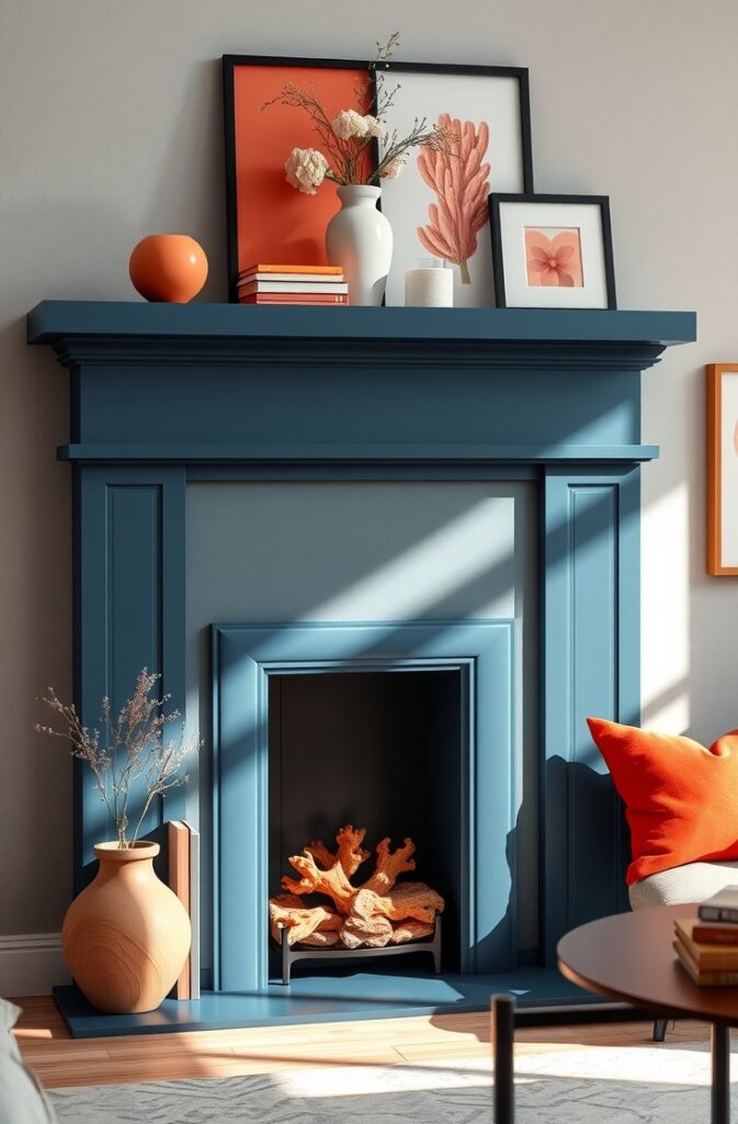 modern living room featuring a sleek fireplace surround painted in matte denim blue with clean, sharp edges; the mantel is styled with an arrangement of coral decor including ceramic vases, stacked books with coral-colored covers, and framed abstract artwork in coordinating hues; the fireplace is set into a neutral-toned wall, with natural light casting soft shadows that highlight the textures and bold color contrast, creating a sophisticated and inviting focal point.
