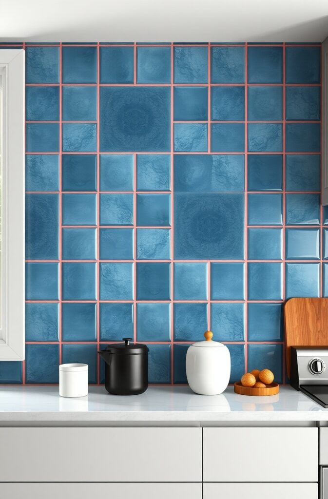 contemporary kitchen backsplash featuring glossy denim blue square tiles with precise coral-colored grout lines that create a bold contrast; the tiles are set above a white marble countertop with kitchen accessories, and cabinetry in soft neutral tones; natural light from a nearby window highlights the texture and color interplay, giving the space a high-end, uniquely artistic feel.