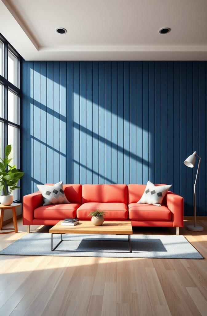 modern living room featuring a bold coral sofa with plush cushions and clean lines positioned against a wall of deep denim blue vertical paneling with a matte finish; the contrast creates a striking centerpiece; the room includes light hardwood floors, a coffee table in natural wood, and soft natural light streaming through large windows, highlighting the vivid colors and sleek textures for a stylish and inviting atmosphere.
