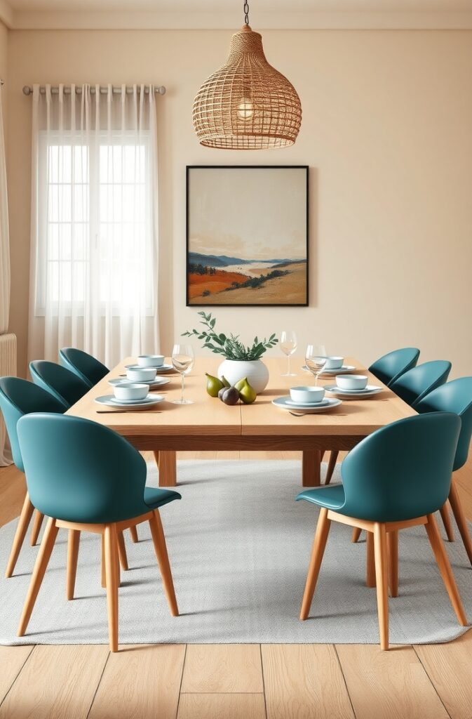 dining room scene with a harmonious blend of warm and cool tones. A large rectangular dining table made of natural light oak wood with visible grain patterns stands in the center of the room. Surrounding the table are six dining chairs painted in a rich matte teal, each with a modern curved backrest and slender wooden legs that match the table’s finish. The chairs' smooth teal surfaces contrast beautifully with the organic texture of the wood. The table is set with simple ceramic dinnerware in soft white, linen napkins in a muted beige tone, and clear glassware. A low centerpiece composed of a ceramic bowl filled with green figs and eucalyptus leaves adds a natural, understated touch. Above the table hangs a single woven rattan pendant light, casting warm ambient lighting onto the tabletop. The walls are painted a soft neutral cream, and a framed abstract print in earth tones hangs on one side. A large window with gauzy white curtains allows natural daylight to pour in, highlighting the textures and tones throughout the space. The floor is wide-plank oak wood, slightly lighter than the table, enhancing the warm and inviting feel of the room.
