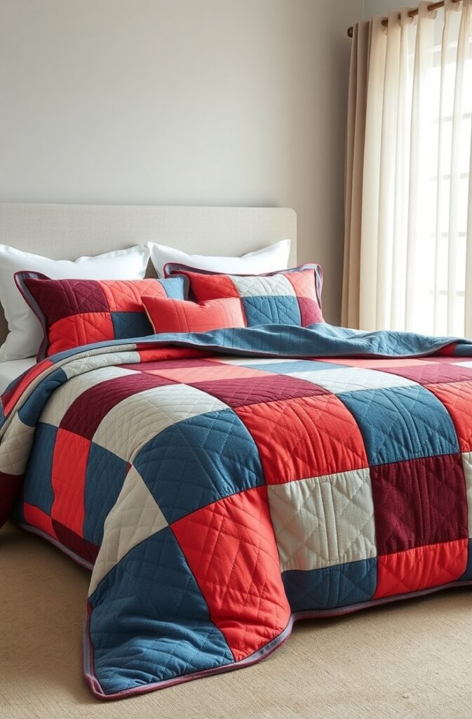 cozy bedroom featuring a bedspread with an intricate quilted pattern combining coral and denim blue blocks; the fabric texture is soft and inviting with subtle stitching details; the bed is neatly made with matching pillows, set against a neutral background that enhances the vibrant colors; soft natural light filters through sheer curtains on the window, creating a warm and restful atmosphere.
