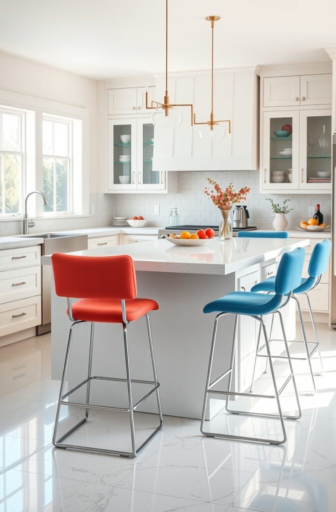 modern kitchen featuring a white island with a smooth, polished surface; around the island are coral and denim blue bar stools with sleek metal legs and cushioned seats, arranged in an alternating pattern; natural light floods the space through large windows, highlighting the vibrant colors and clean lines; the kitchen has minimalist cabinetry in neutral tones and subtle decorative elements, creating an eclectic yet balanced and inviting atmosphere.
