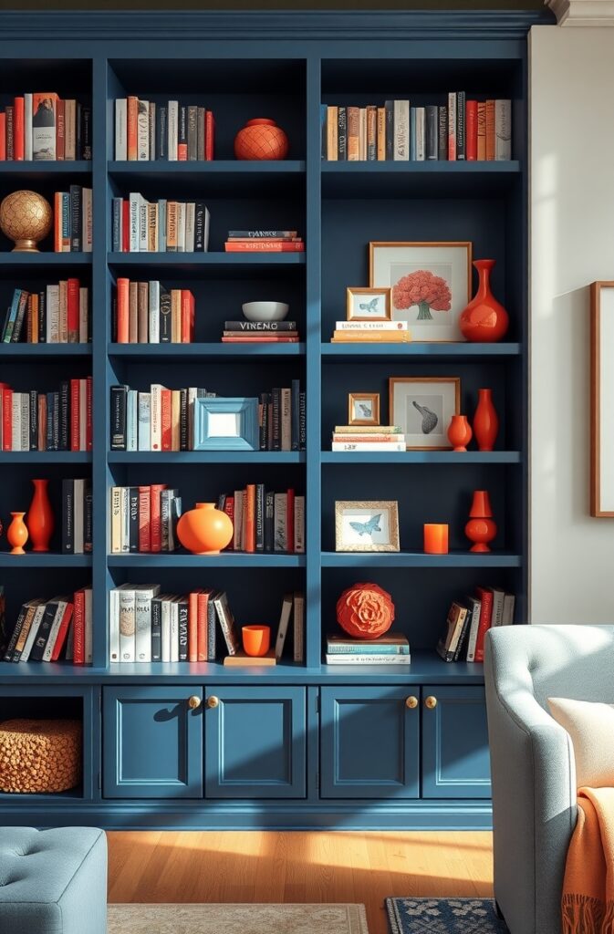  matte denim blue bookshelves filled with neatly arranged books and styled with coral decor accents including vases, picture frames, and candles; soft natural light highlights the rich blue paint and vibrant coral objects; the shelves are part of a modern living room with neutral walls and warm wooden flooring; the overall look is curated, elegant, and visually balanced with a harmonious blend of colors and textures.
