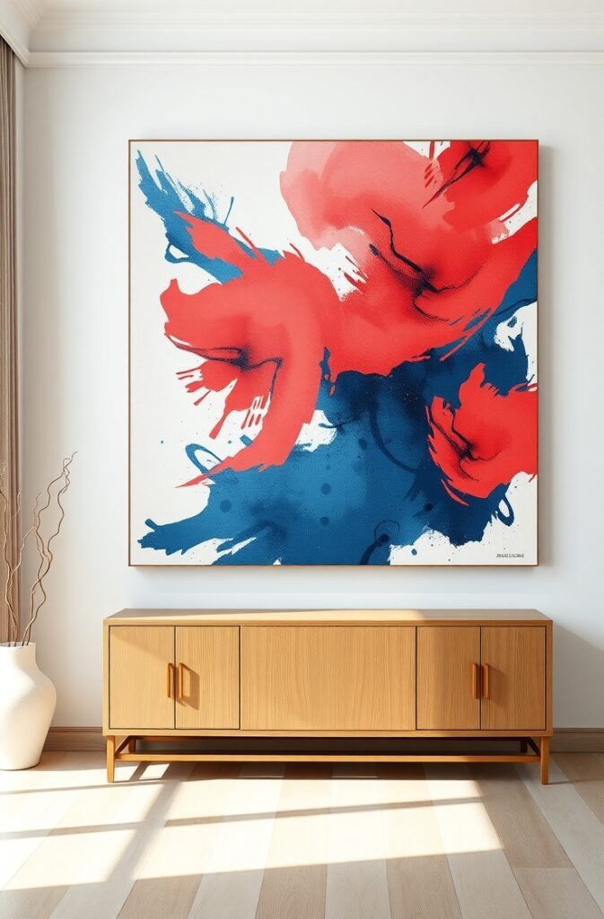 room featuring a large-scale abstract painting dominated by bold coral and deep denim blue hues; the artwork displays dynamic brushstrokes and fluid shapes that create a sense of movement and energy; the painting is mounted on a clean white wall above a simple wooden console table; natural light softly illuminates the textured canvas, enhancing the vivid colors and adding personality to the serene, uncluttered space.