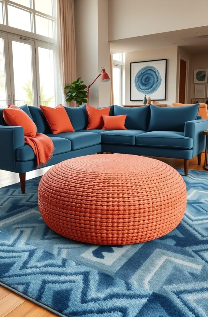 modern living room featuring a textured coral woven pouf placed atop a soft, plush denim blue rug with subtle shading and rich texture; the room includes a velvet denim blue sofa with coral throw pillows, sleek wooden flooring, and large windows with airy curtains allowing natural light to flood the space; cozy furniture and neutral walls create a balanced, warm, and inviting atmosphere that highlights the vibrant colors and tactile elements of the pouf and rug.