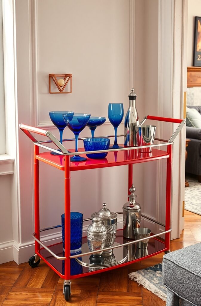 retro-style bar cart painted in vibrant coral with a glossy finish; the cart is stocked with navy and cobalt glassware including tumblers and cocktail glasses, alongside polished silver cocktail accessories neatly arranged; the setting is a stylish living room corner with warm wooden floors and neutral walls; soft natural light highlights the rich colors and reflective surfaces, creating a lively and elegant atmosphere.
