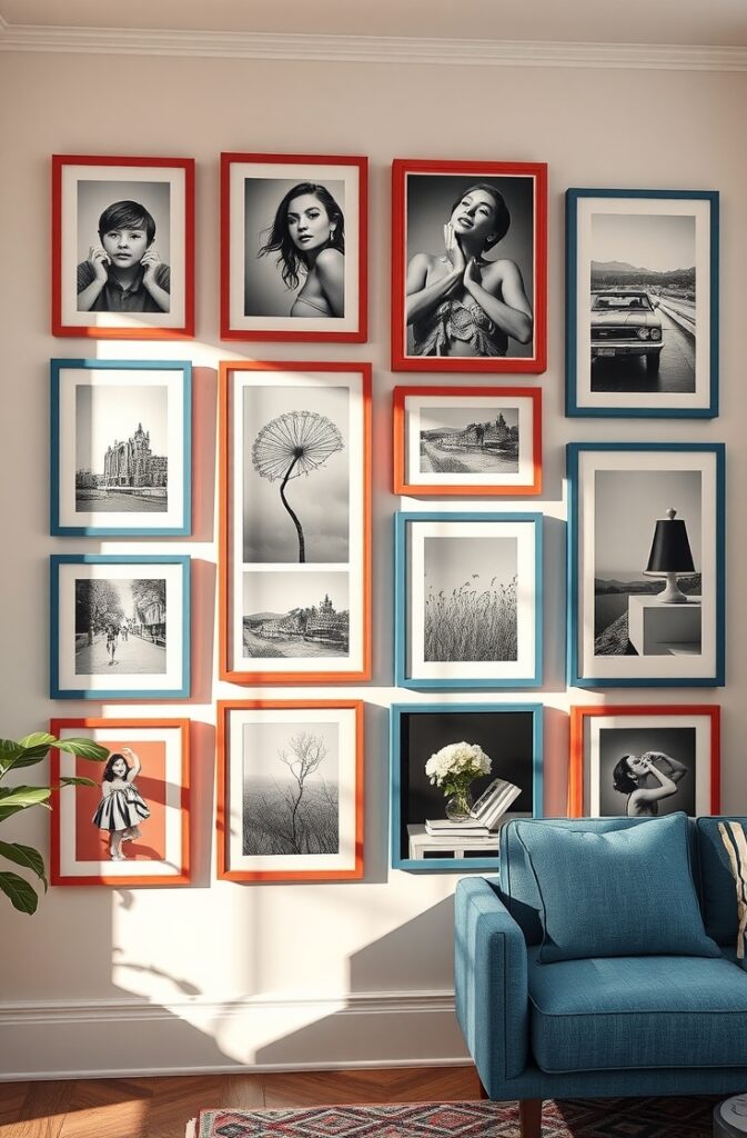 stylish gallery wall featuring an eclectic mix of art prints, black-and-white photography, and vintage posters; each piece is framed in coral or denim blue frames with clean, modern edges; the gallery is arranged in a balanced grid on a soft neutral wall; natural light highlights the vivid colors and varied textures, creating an artful, dynamic focal point in a contemporary living space.
