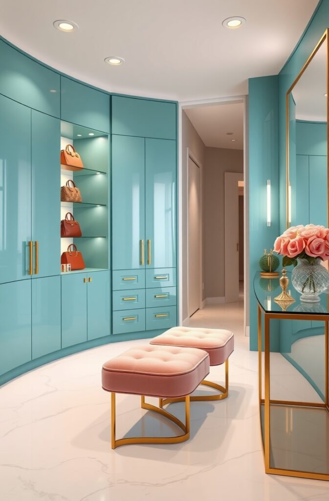 feminine dressing room featuring high-gloss teal lacquer cabinetry with sleek, handleless doors reflecting soft ambient light. The cabinetry extends along one wall with built-in shelves displaying designer handbags and perfume bottles. In front of the cabinets, two blush pink velvet stools with gold metal legs provide elegant seating. A large floor-to-ceiling mirror with a thin gold frame stands adjacent to the cabinetry, reflecting the room’s sophisticated palette. The floor is polished white marble with subtle gray veining, adding luxury and brightness. Soft recessed lighting illuminates the space, highlighting the glossy teal finish and the plush texture of the stools. Decorative accents include a crystal vase with fresh pink roses on a glass-topped console table and a chic gold jewelry stand. The overall atmosphere is glamorous, fashion-forward, and inviting.