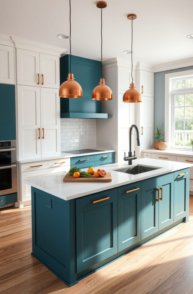kitchen featuring a large kitchen island painted in deep teal with a smooth matte finish. The island has clean, flat panel cabinetry with minimalist copper handles that catch the light softly. The countertop is polished white quartz with subtle gray veining, extending slightly to form a breakfast bar with seating.

Above the island hang three striking copper pendant lights with a warm metallic sheen and simple dome shapes suspended by thin black cords, casting a warm glow directly onto the countertop. The surrounding kitchen cabinets are matte white with sleek integrated handles, creating a bright, airy contrast against the bold island.

The floor is wide plank natural oak with a light finish, adding warmth to the space. On the island countertop, a wooden cutting board holds fresh herbs and citrus fruits, while a modern black faucet rises above a deep undermount stainless steel sink. A large window nearby floods the room with natural daylight, highlighting the rich teal color and the warm copper accents. The overall scene combines earthy tones and modern design for a sophisticated, inviting kitchen atmosphere.
