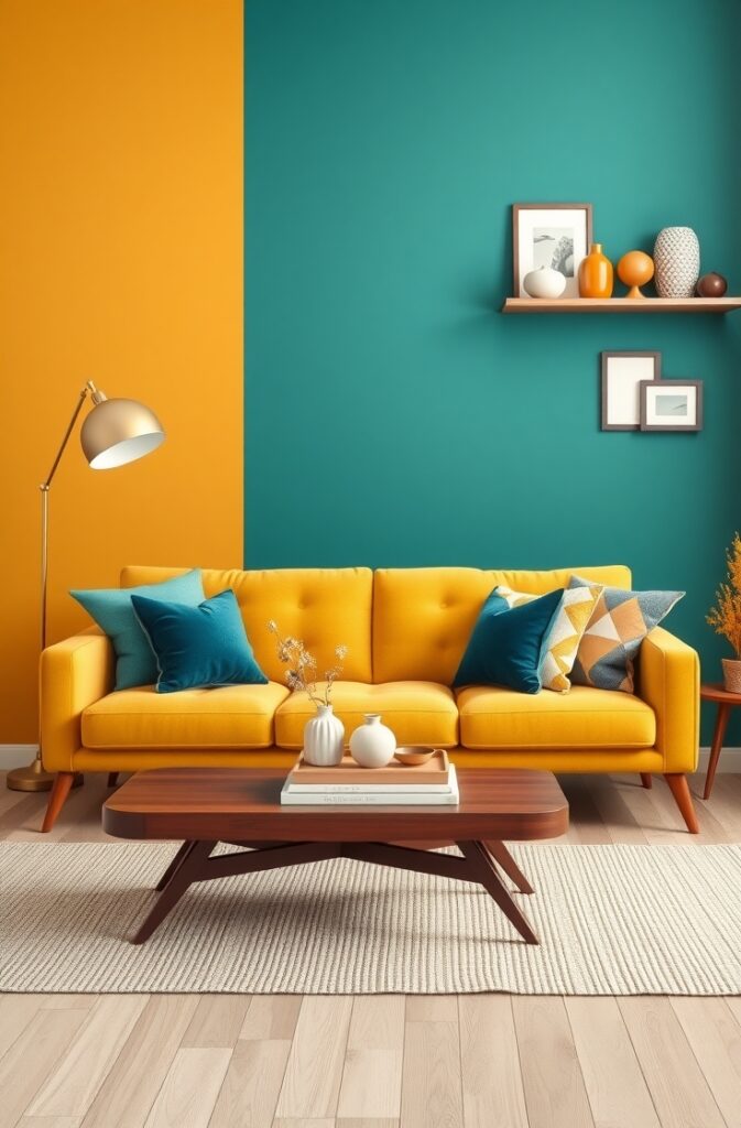 mid-century modern living room filled with vibrant energy and warm tones. One feature wall is painted a bold, rich teal with a smooth matte finish, serving as a dramatic backdrop. Against this wall is a low-profile mid-century style sofa upholstered in soft mustard yellow fabric with tufted cushions and tapered wooden legs. The sofa is adorned with accent pillows in various textures and colors, including teal velvet, cream linen, and a geometric mustard and white pattern. A sleek walnut wood coffee table with angled legs and a smooth rectangular top sits in front of the sofa, decorated with a stack of art books, a small ceramic vase with dried flowers, and a brass tray.

A vintage-style floor lamp with a slender brass stand and a white dome shade stands beside the sofa. On the adjacent wall, a floating wood shelf displays mid-century decor items such as a small globe, ceramic sculptures, and framed minimalist prints in complementary hues. The floor is covered with a woven cream and gray rug that anchors the space, laid over light-toned hardwood flooring. Large windows framed with sheer white curtains allow soft natural light to flood the room. In the corner, a tall fiddle leaf fig tree in a textured ceramic planter adds greenery. The room feels balanced, bold, and stylish, with the teal and mustard palette bringing retro charm and warmth.
