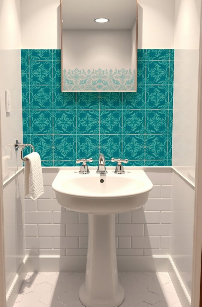 small powder room featuring a backsplash of teal patterned ceramic tiles with intricate geometric and floral designs in varying shades of deep teal and turquoise. The tiles cover the wall behind a sleek white pedestal sink, extending up to mid-height with clean grout lines emphasizing the detailed patterns. The sink has smooth curves and a polished chrome faucet with classic cross handles.

The surrounding walls are painted soft warm white, creating a bright contrast to the rich teal backsplash. Above the sink, a frameless rectangular mirror reflects natural light, enhancing the sense of space. To the side, a small chrome towel ring holds a crisp white hand towel with subtle texture. The floor is covered with matte white hexagonal tiles that complement the backsplash without competing for attention.

Soft recessed lighting illuminates the space evenly, casting gentle highlights on the glossy teal tiles and the smooth sink surface. The overall atmosphere is fresh, stylish, and bold, with the teal accent tiles serving as a vibrant focal point that transforms the compact powder room with artistic flair.
