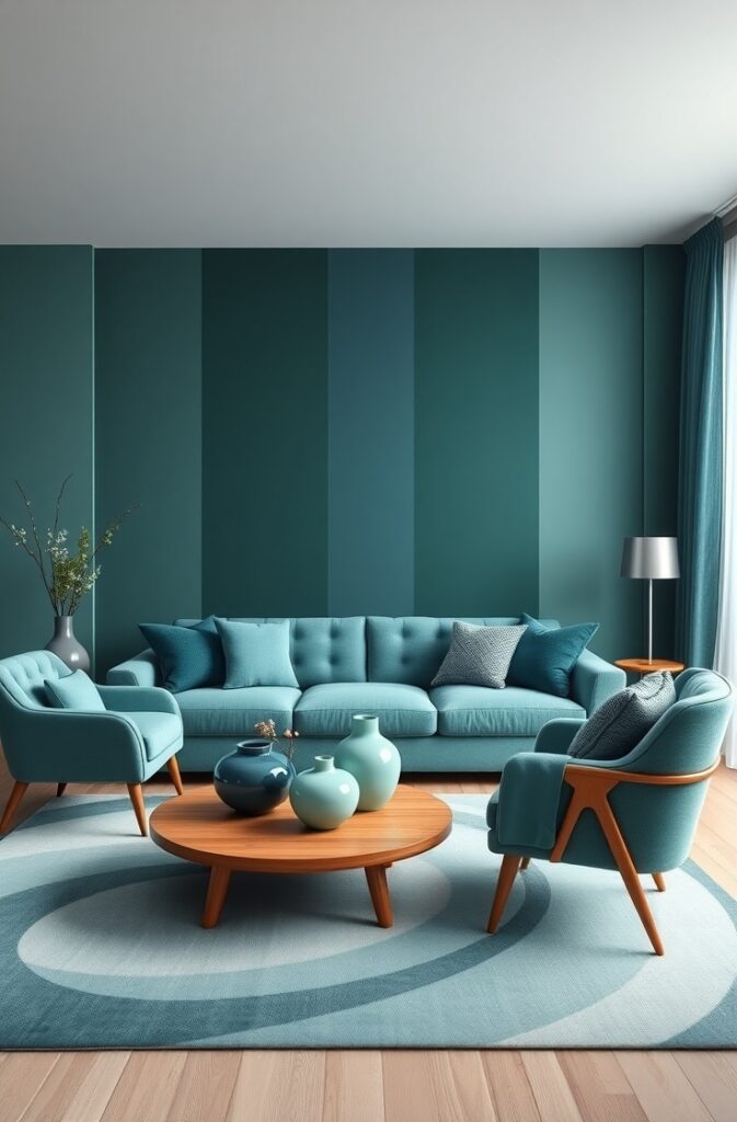 living room designed in a monochrome teal palette featuring layered paint tones that create depth and luxury. The main walls are painted in a rich medium teal with a matte finish, providing a bold yet elegant backdrop. An accent wall behind the sofa showcases a darker, velvety teal with a subtle satin sheen, adding dimensional contrast.

The sofa is upholstered in plush velvet fabric in a lighter muted teal shade, with deep button tufting and clean lines. Coordinating armchairs in a soft teal linen with sleek wooden legs sit nearby, creating a harmonious seating arrangement. A large area rug in a gradient teal pattern blends multiple shades, ranging from pale aqua to deep teal, tying the room together.

Decorative accents include teal ceramic vases with glossy finishes on a natural wood coffee table with rounded edges and tapered legs. Cushions in varying teal hues, including teal velvet, teal silk, and teal knit textures, are layered on the sofa for tactile interest. Sheer teal curtains with a soft drape frame large windows, diffusing natural light to enhance the layered teal tones throughout the space. The overall atmosphere is sophisticated, cozy, and visually rich, achieved by the careful layering of complementary teal shades across walls, furniture, and decor.