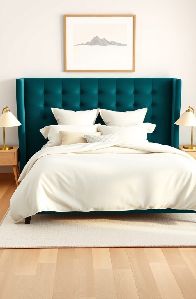 bedroom interior featuring a sophisticated teal upholstered headboard with a smooth velvet texture and a subtle tufted pattern. The headboard extends generously on both sides of the queen-sized bed, with clean, slightly rounded edges and a deep, rich teal color that adds depth and elegance to the room. The bed is dressed in creamy white linens, including crisp cotton sheets, a plush duvet, and multiple pillows in soft ivory tones, arranged neatly with a combination of smooth and textured fabrics for visual interest.

Flanking the bed are two matching bedside tables made of light natural wood with simple, clean lines. Each table holds a small brass lamp with a white linen shade, casting warm, inviting light. Above the headboard hangs a large minimalist framed artwork in soft neutral hues that complement the bedding. The walls are painted a soft, warm off-white with a matte finish, creating a calm and airy backdrop. The flooring is light oak hardwood with a natural finish, partially covered by a cream-colored, low-pile area rug that extends beneath the bed for added warmth and softness. Natural light filters through sheer white curtains, softly illuminating the scene and emphasizing the rich teal headboard as the room’s focal point. The overall atmosphere is elegant, restful, and balanced.
